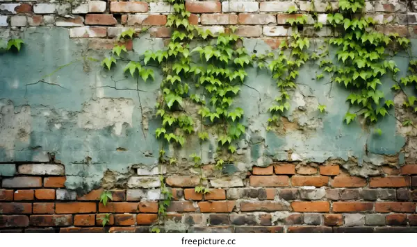 Weathered brick wall with climbing vines