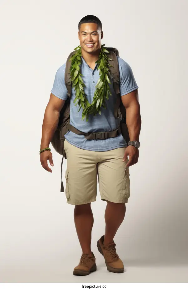 A smiling man with a lei around his neck and a backpack on his back