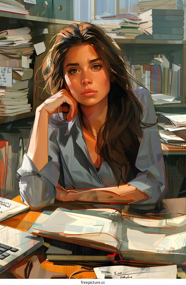 A thoughtful woman sits at her desk surrounded by paperwork