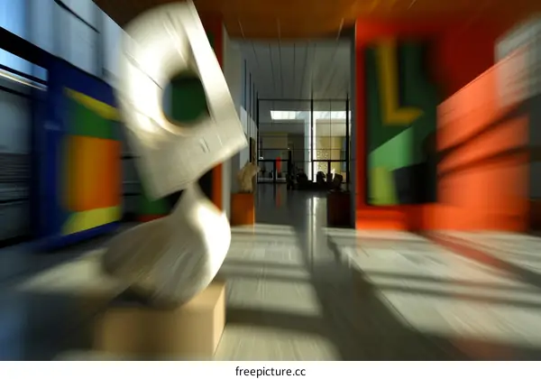Motion Blurred Art Gallery with Sculpture and People