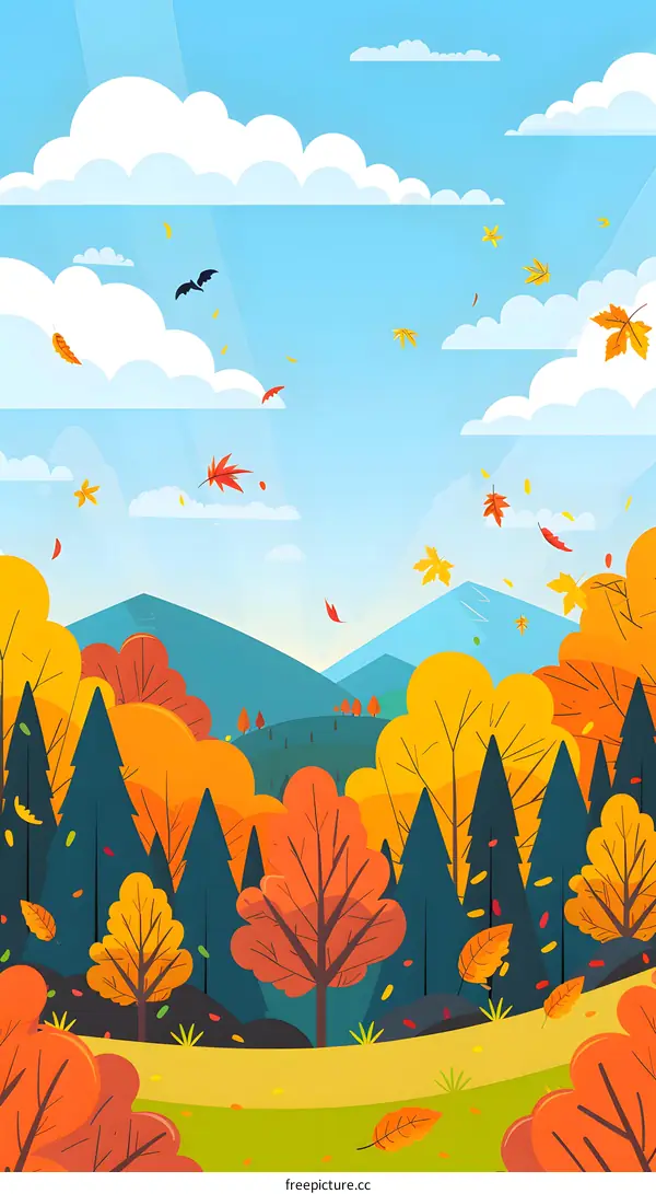 Autumn Landscape With Falling Leaves Cartoon Illustration