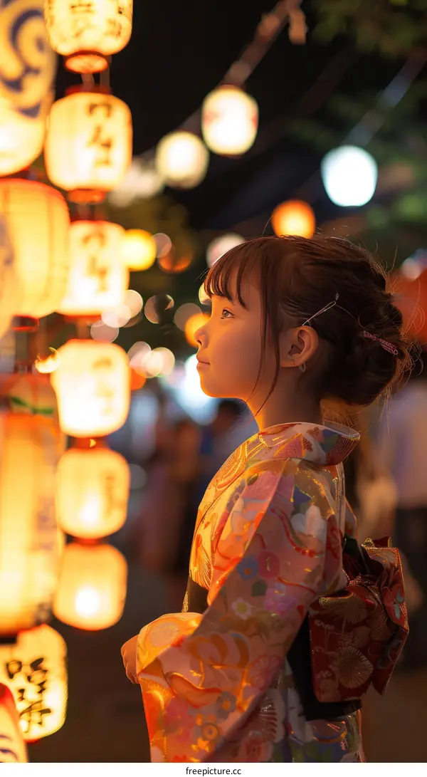 Japanese Girl in Traditional Kimono at Summer Japanese Festival