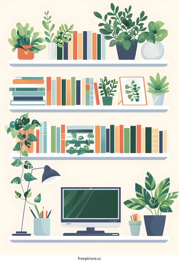Bookshelf with Plants and Computer