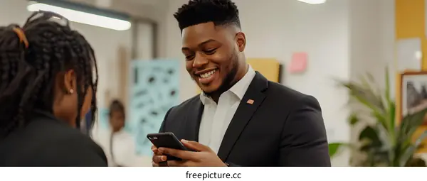 African American Man Smiling and Using Smartphone in Office