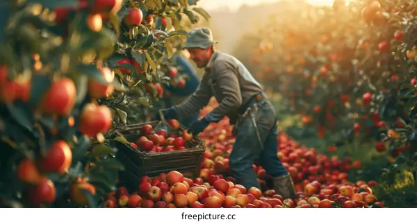 An orchard worker harvests ripe apples into a wooden crate in an apple orchard at harvest time