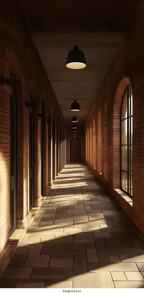 Long Brick Corridor with Hanging Lights