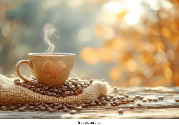 A Cup of Coffee on a Sack of Coffee Beans with a Heart-Shaped Design
