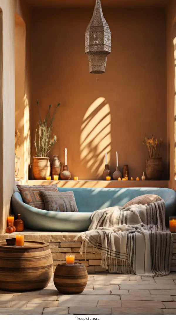 Blue Sofa and Patterned Pillows in a Moroccan Courtyard