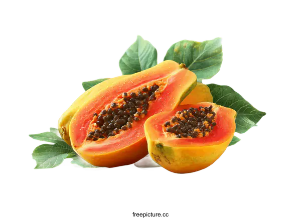 [Transparent Background PNG]Fresh Papaya Slices with Leaves