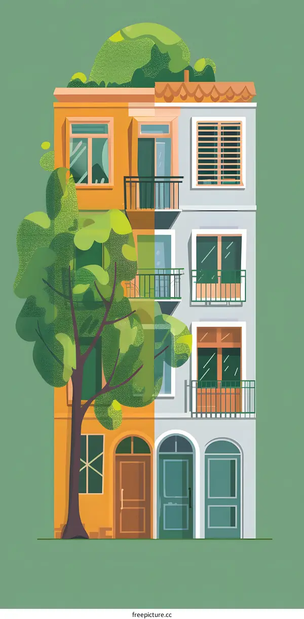 Colorful Building With Green Roof and Tree