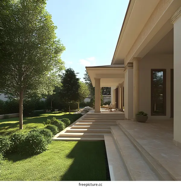 Luxury Villa with Stone Steps and Green Grass