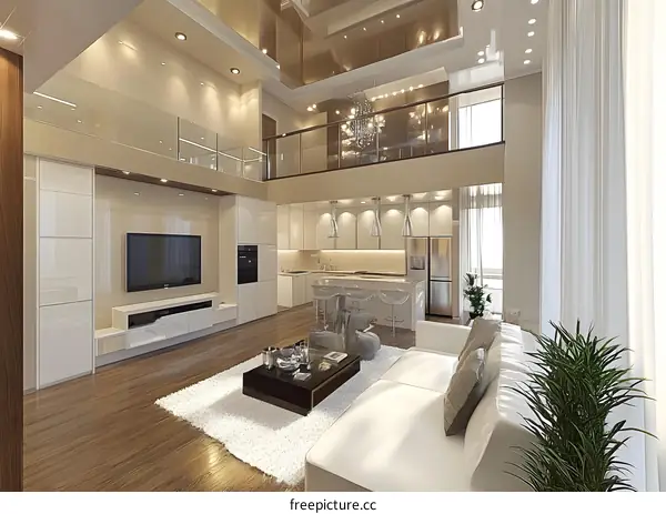 Modern Living Room with White Sofa and Glass Railing