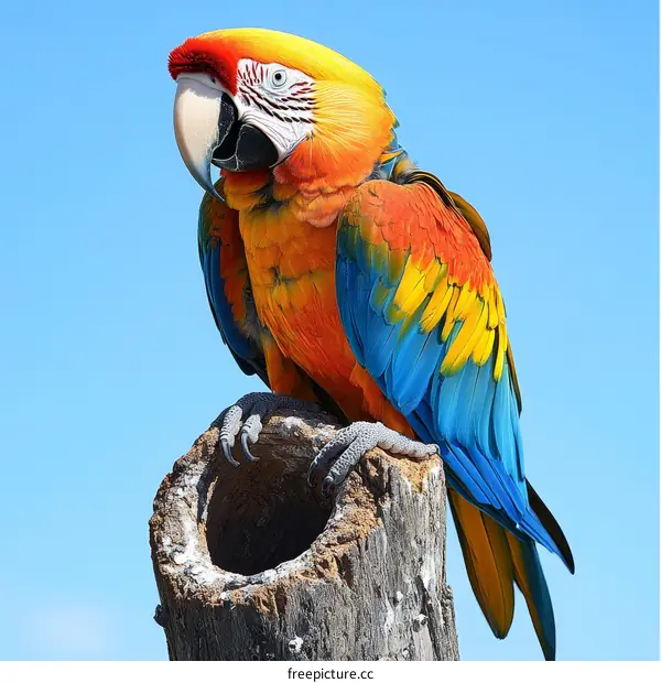 Colorful Macaw Perched on a Tree Stump