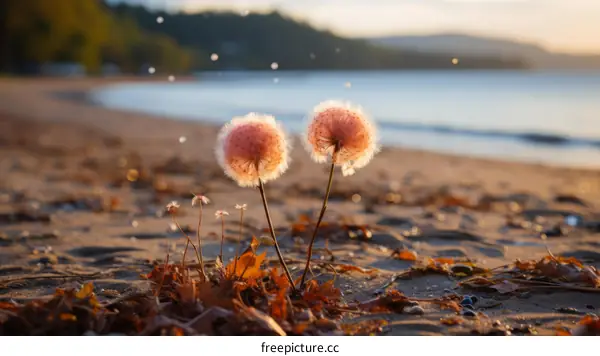 Two pink fluffy dandelions on a sandy beach at sunset