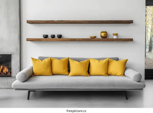 Modern Living Room with Wooden Shelves and Mustard Yellow Pillows