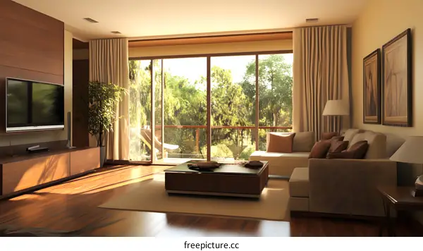 Modern Living Room Interior Design with Wooden Flooring and Large Windows