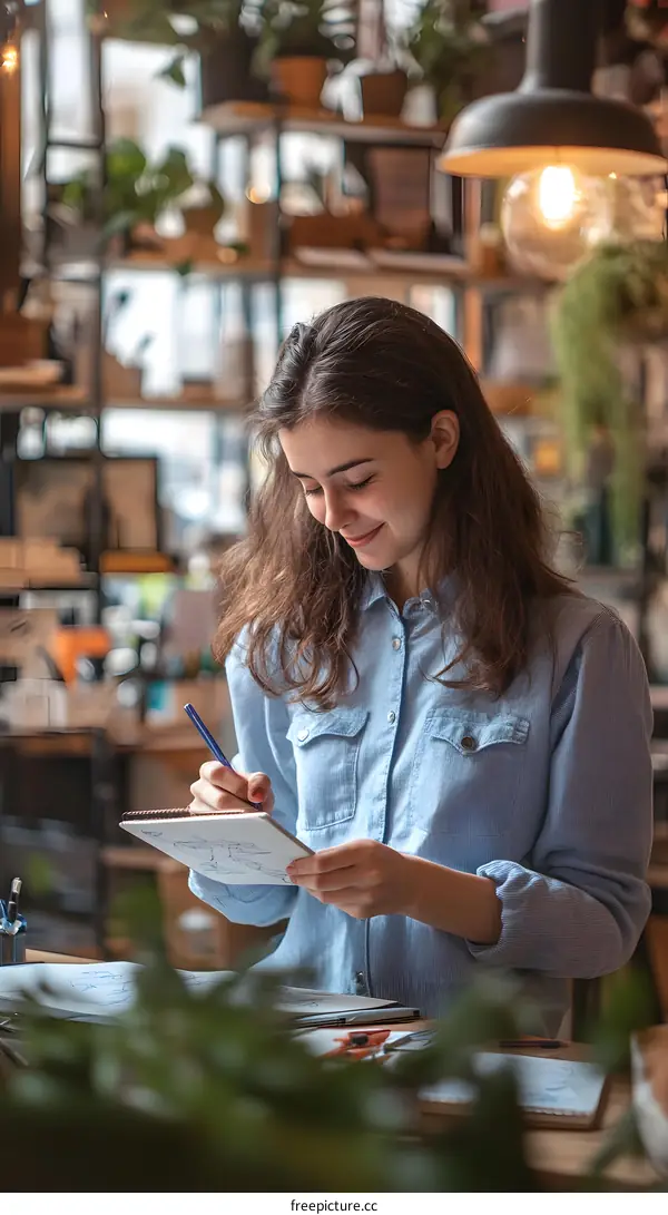 Young Woman Drawing in a Cafe with a Pen and Paper