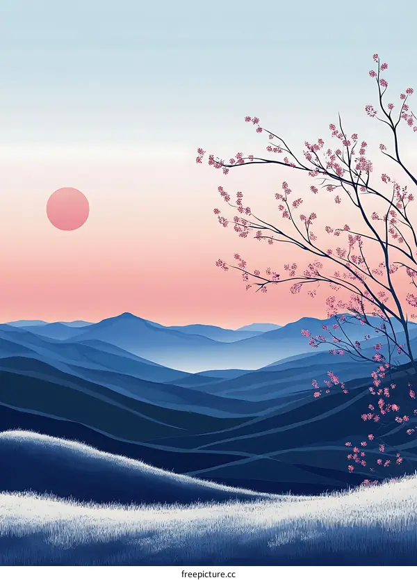 Blue Mountains Landscape with Pink Blossoms and Sunset