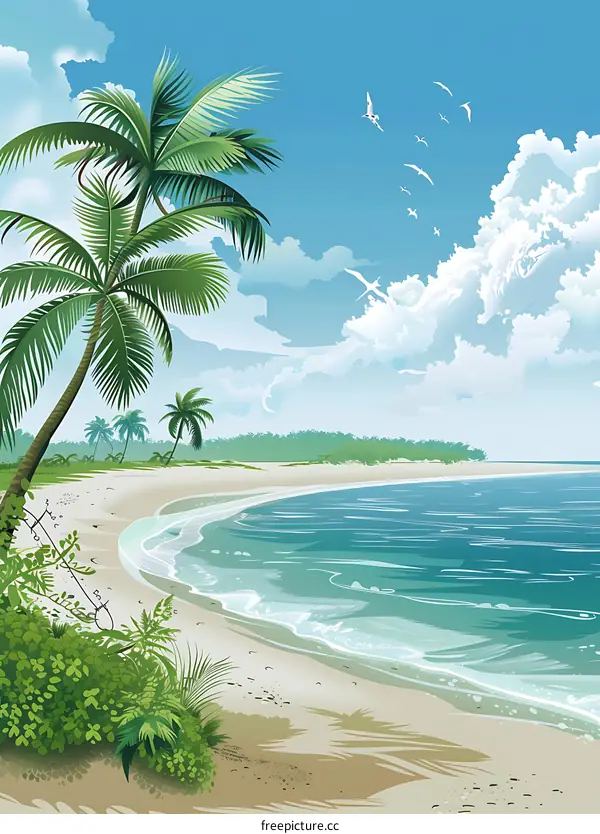 Tropical Beach Landscape Illustration With Palm Trees And Seagulls