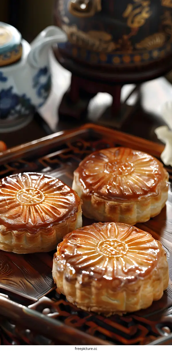 Close Up Of Three Golden Brown Mooncakes On A Wooden Tray