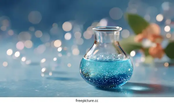 Blue Glass Bottle with Bubbles on a Blue Background