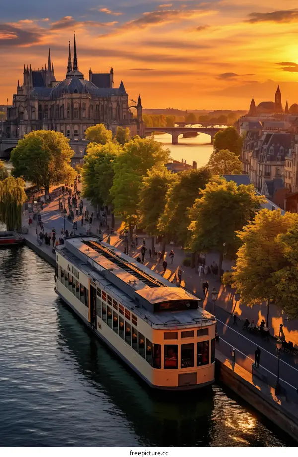 A boat passing through a river in a city with a beautiful sunset in the background