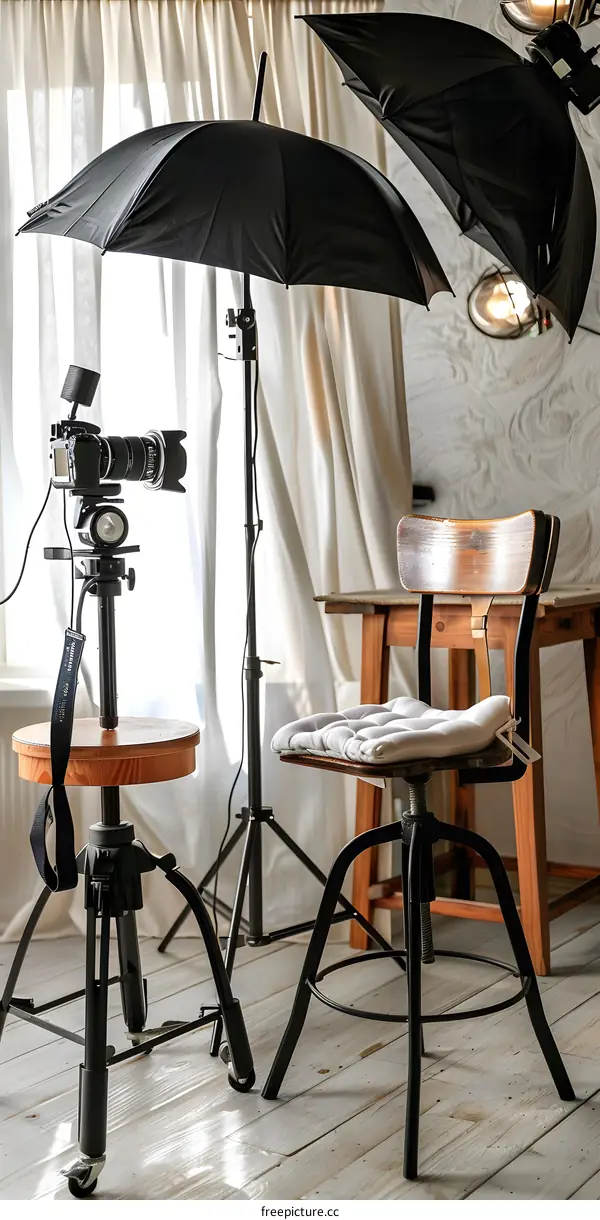 Studio Setup with Black Umbrellas and Tripod