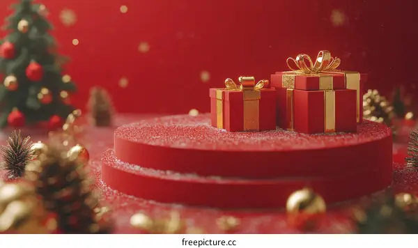Christmas Gift Boxes on Red Display Platform