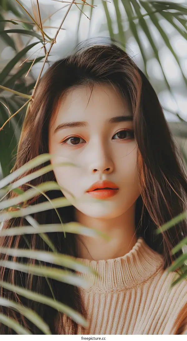Young Asian Woman with Long Brown Hair Posing Behind Palm Leaves