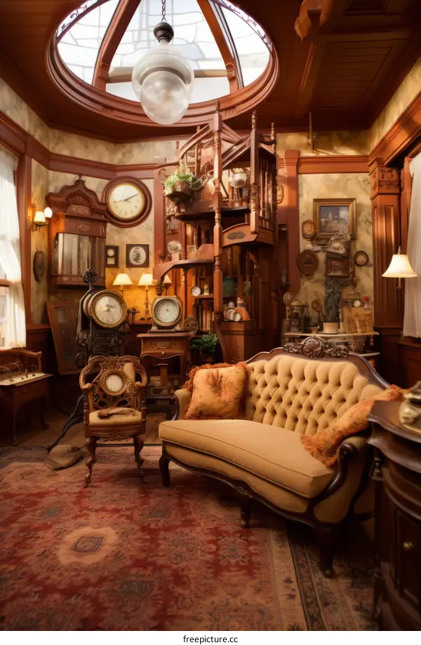 ornate Victorian parlor with spiral staircase