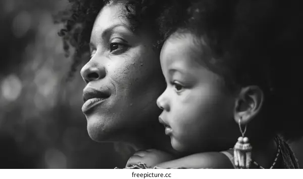 A black and white portrait of a mother and her child