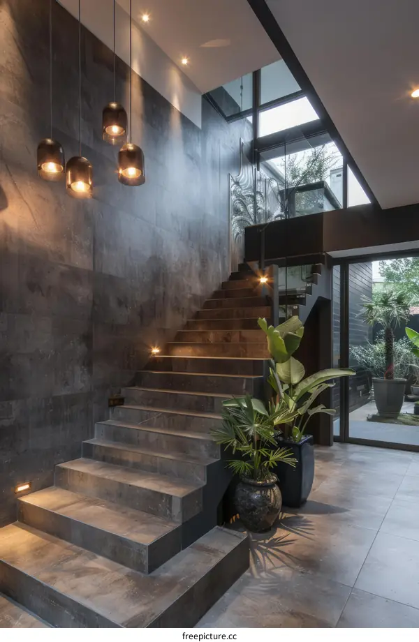 Modern Staircase with Dark Tiles and Lush Greenery