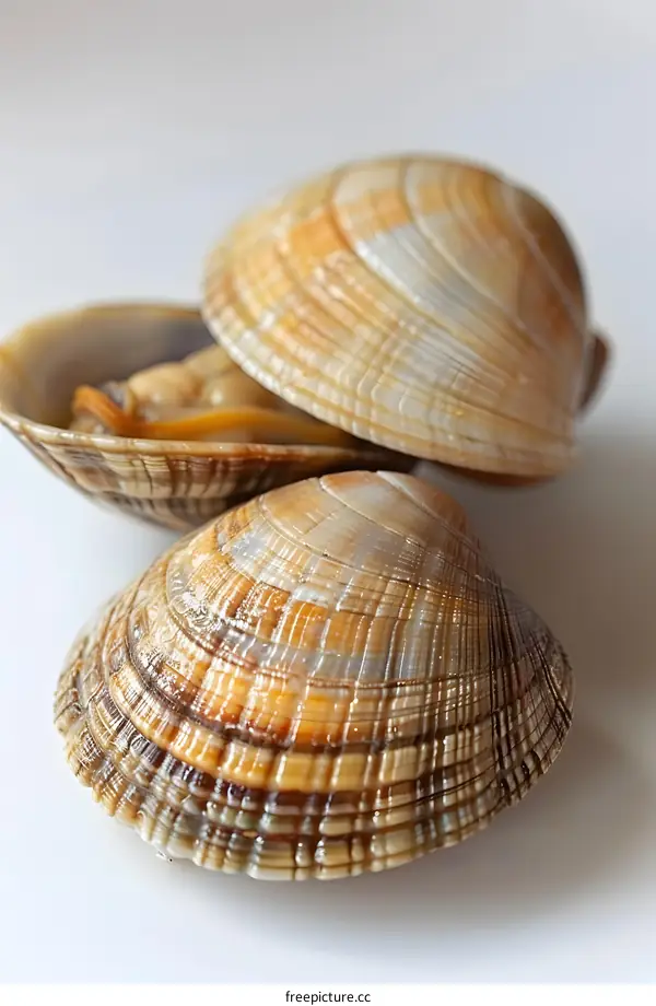 Close Up of Three Clams on White Background