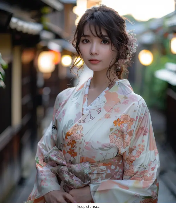 Asian Woman in Traditional Japanese Kimono in Kyoto