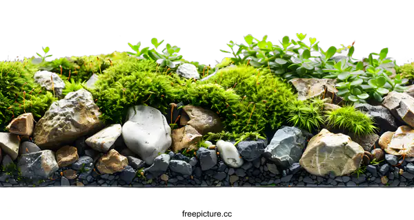 [Transparent Background PNG]Green Moss and Rocks on White Background