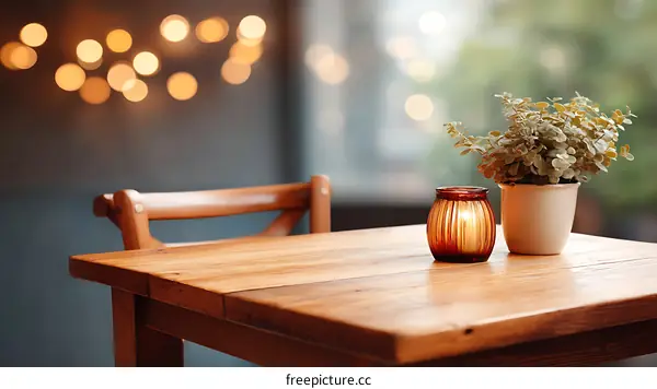 Wooden Table with Candle and Plant in Cafe