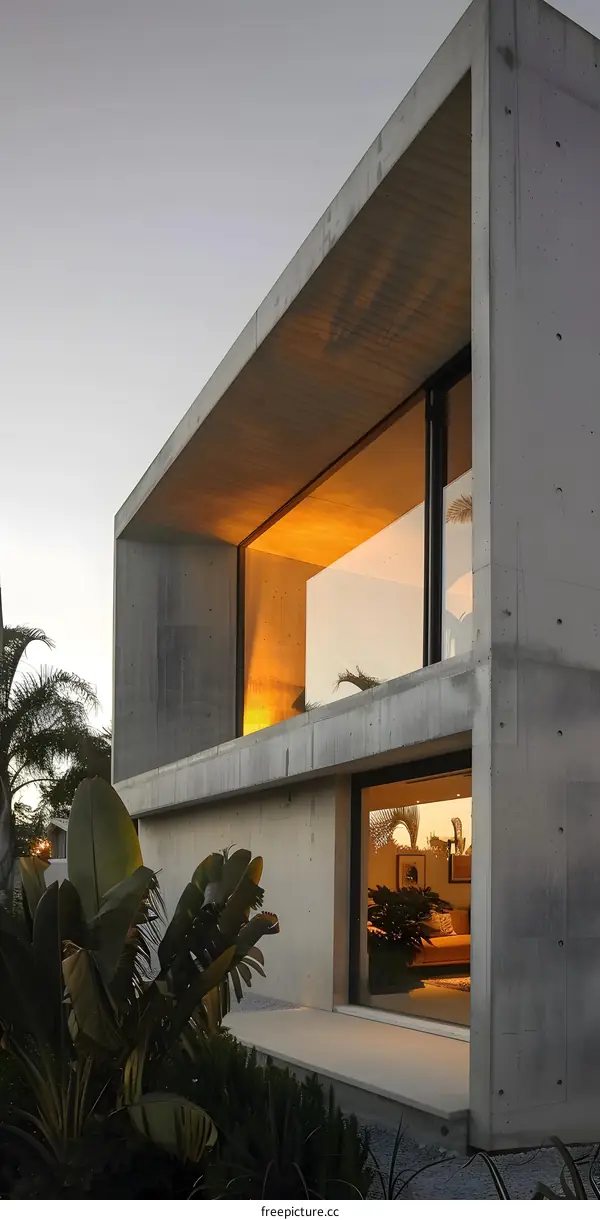 Modern Concrete House with Large Windows and a Tropical Garden