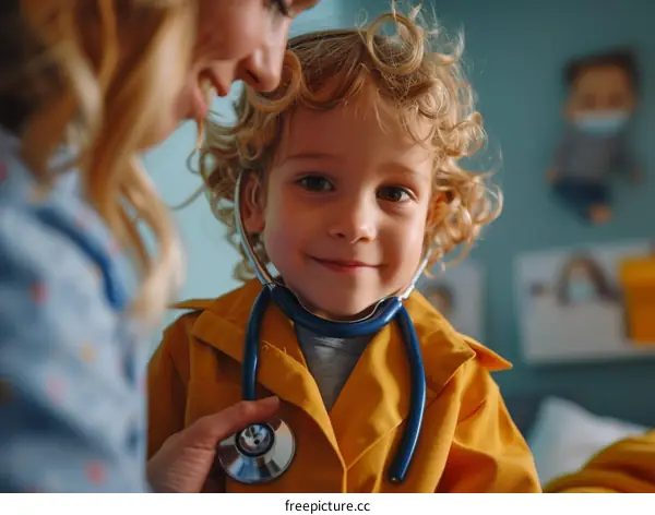 Little boy playing doctor with toy stethoscope