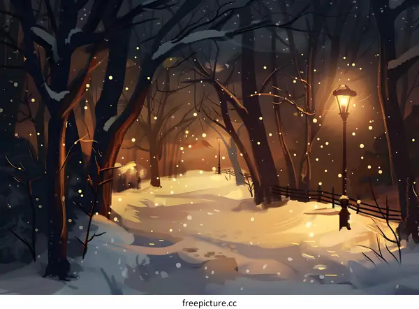 Snowy Night in the Park with Illuminated Path