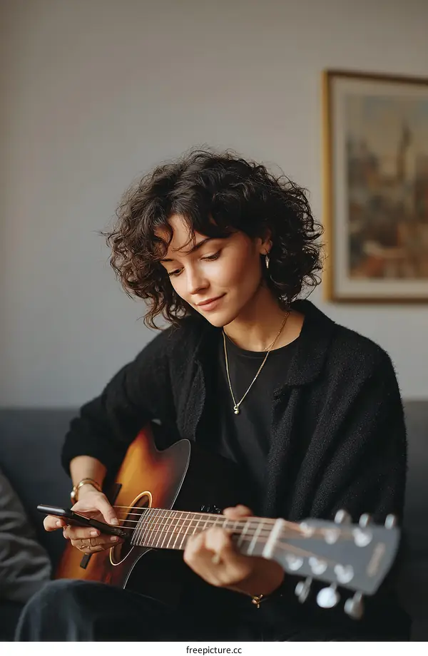 Woman Playing Acoustic Guitar with Phone