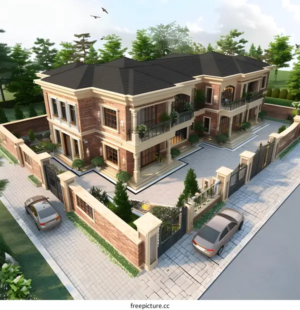 Luxury Villa House Design With Brick Exterior And Garden