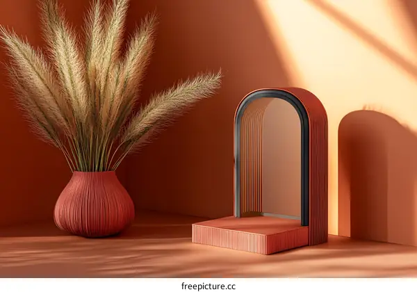 Modern Minimalist Interior Design with Dried Flowers and a Decorative Arch