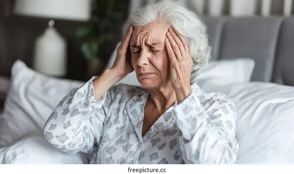 Senior Woman Suffering from Headache in Bed