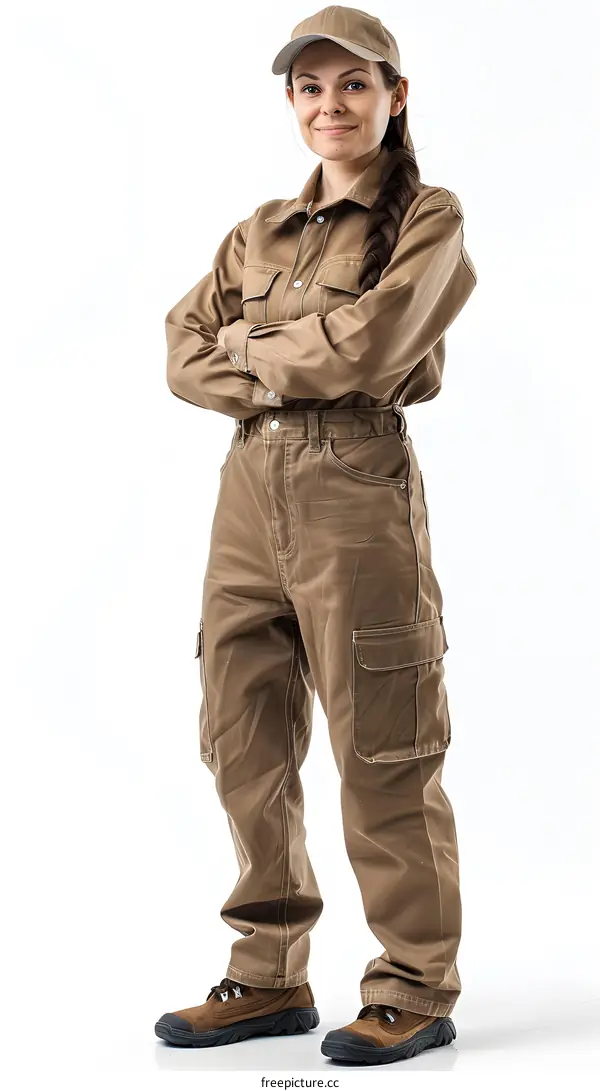 Confident Female Worker in Brown Overalls