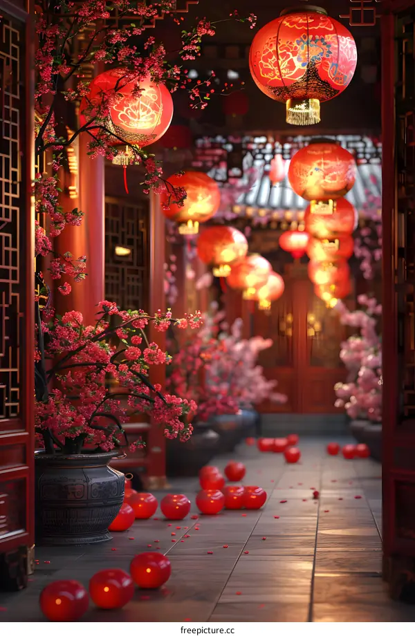 Chinese courtyard decorated with red lanterns and pink flowers for the Lantern Festival