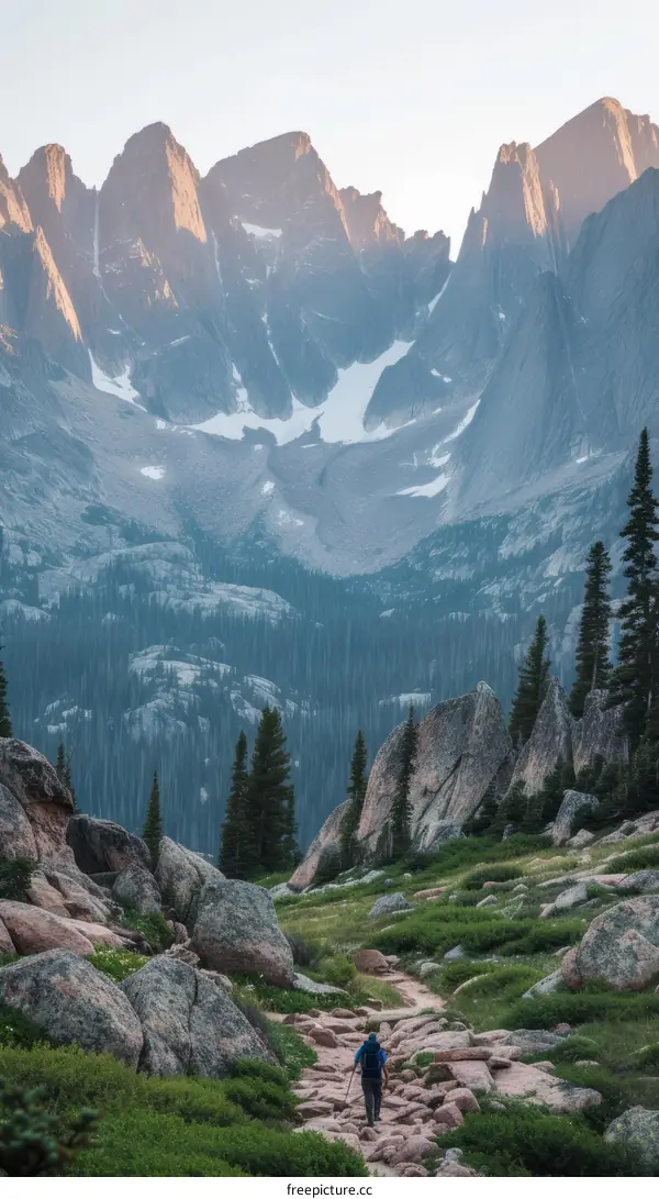 Hiker on a Rocky Mountain Trail with a Towering Mountain in the Distance
