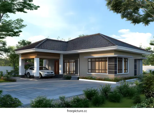 Modern House Design with a Covered Carport and Front Yard