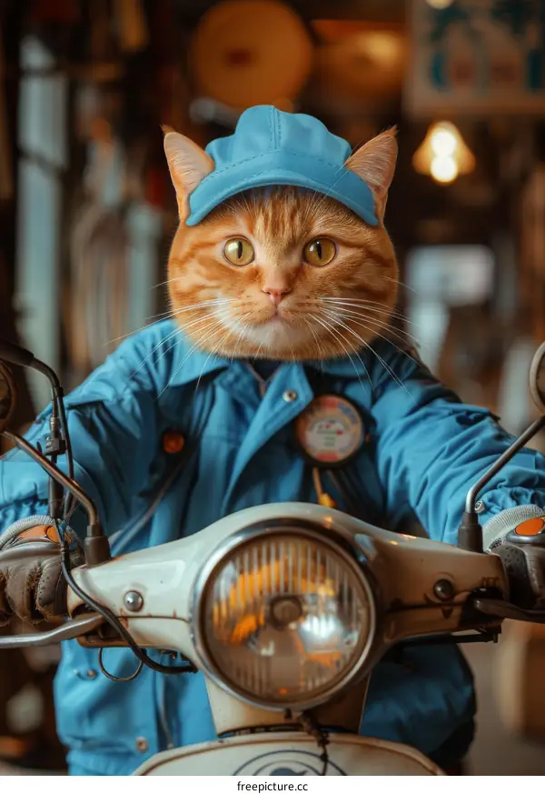 Funny Cat Riding a Motorcycle in a Blue Uniform
