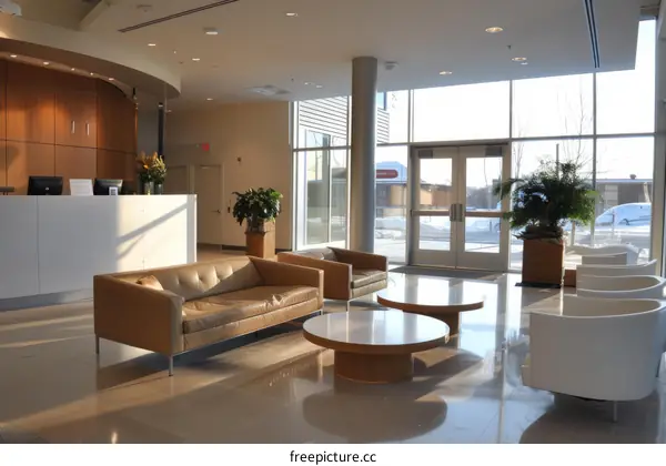 Waiting area with brown leather sofa and round tables