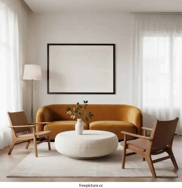 Modern living room with mustard velvet sofa and wooden armchairs